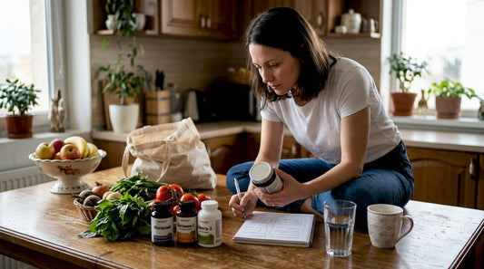 Жена разглежда опаковки с хранителни добавки, подредени на кухненската маса.