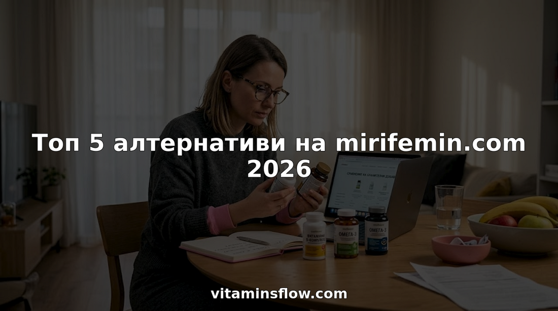 Млада жена седи на кухненската маса и проучва различни продукти за женското здраве, разглеждайки внимателно информацията и сравнявайки варианти, за да избере най-подходящото за себе си.