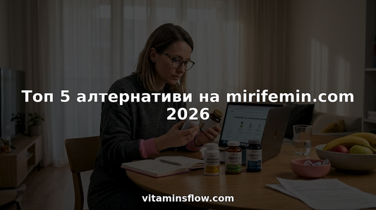 Млада жена седи на кухненската маса и проучва различни продукти за женското здраве, разглеждайки внимателно информацията и сравнявайки варианти, за да избере най-подходящото за себе си.