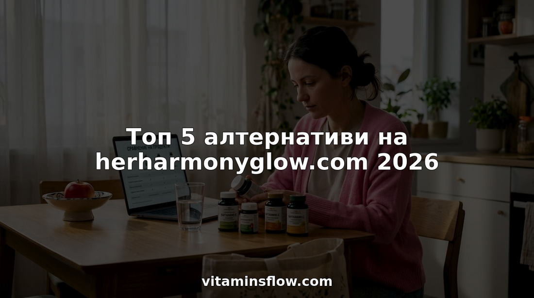 Жена седи на масата у дома и внимателно разглежда опаковките на различни хранителни добавки, сравнявайки техните съставки.