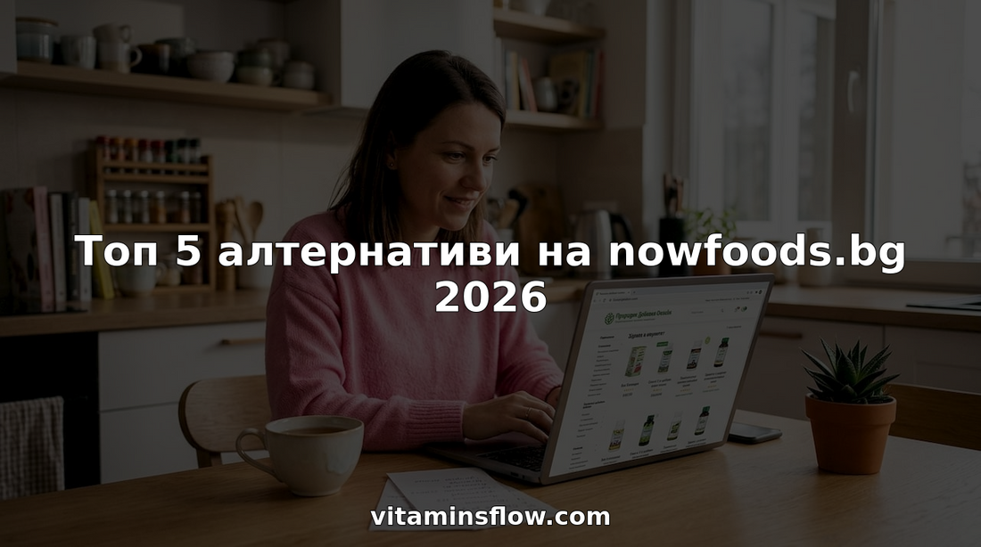 Жена разглежда различни хранителни добавки на лаптопа си, седнала на кухненската маса.