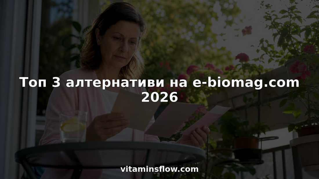 Жена седи на кухненската маса у дома и внимателно разглежда различни хранителни добавки, сравнявайки етикетите и състава им, за да избере най-подходящата за себе си.