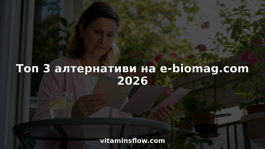 Жена седи на кухненската маса у дома и внимателно разглежда различни хранителни добавки, сравнявайки етикетите и състава им, за да избере най-подходящата за себе си.