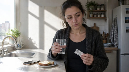 Жена в кухнята сутрин държи чаша вода и блистер с антибиотик